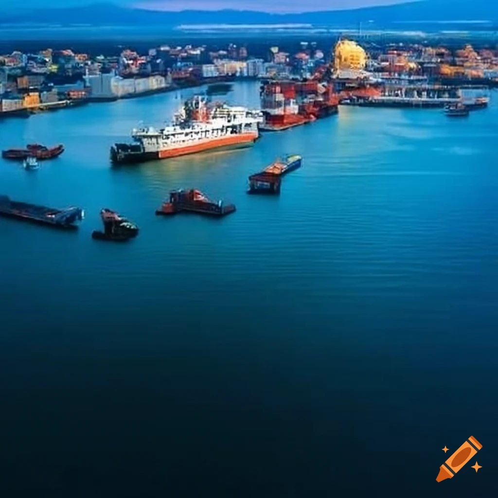 Busy bright port viewed from the ground