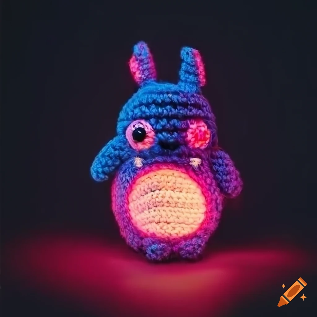 Fluffy amigurumi blue Totoro lost in cyberpunk city night with neon lights