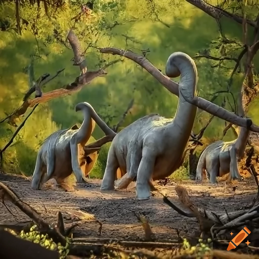 Three Hadrosaurs walking in a sunny clearing with fallen branches
