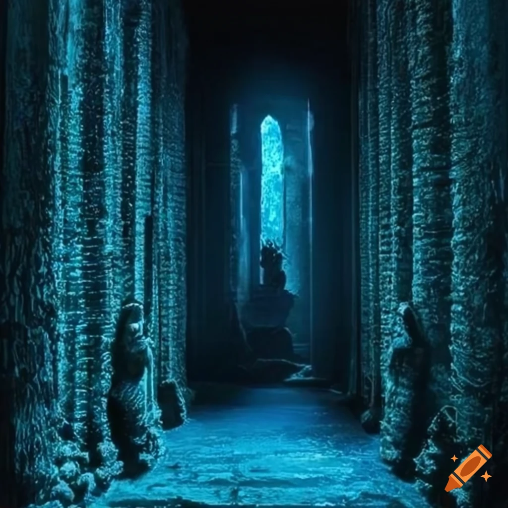 Tall dark temple with clam and lobster sculptures on coral doors in a brightly lit clearing