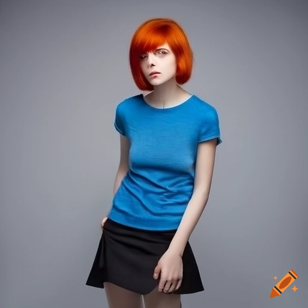 Girl with red short hair in black skirt and blue t-shirt
