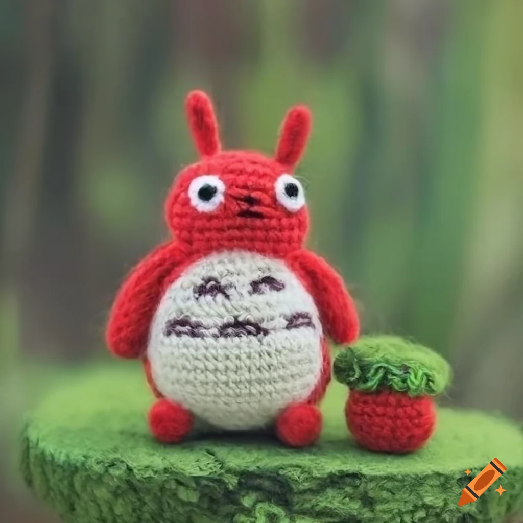 Cute red Totoro amigurumi on garden landscape