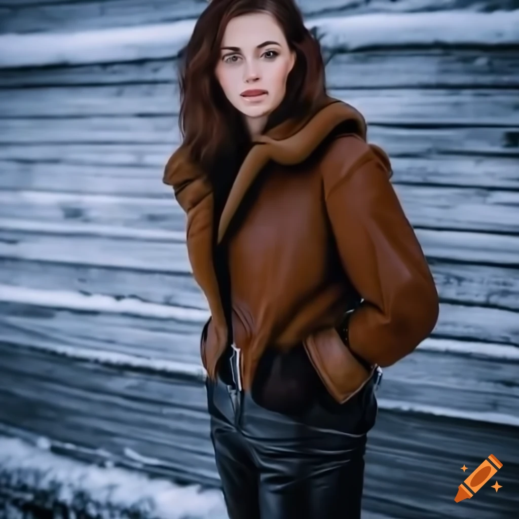 Young woman in sheepskin jacket and leather trousers standing in barn doorway