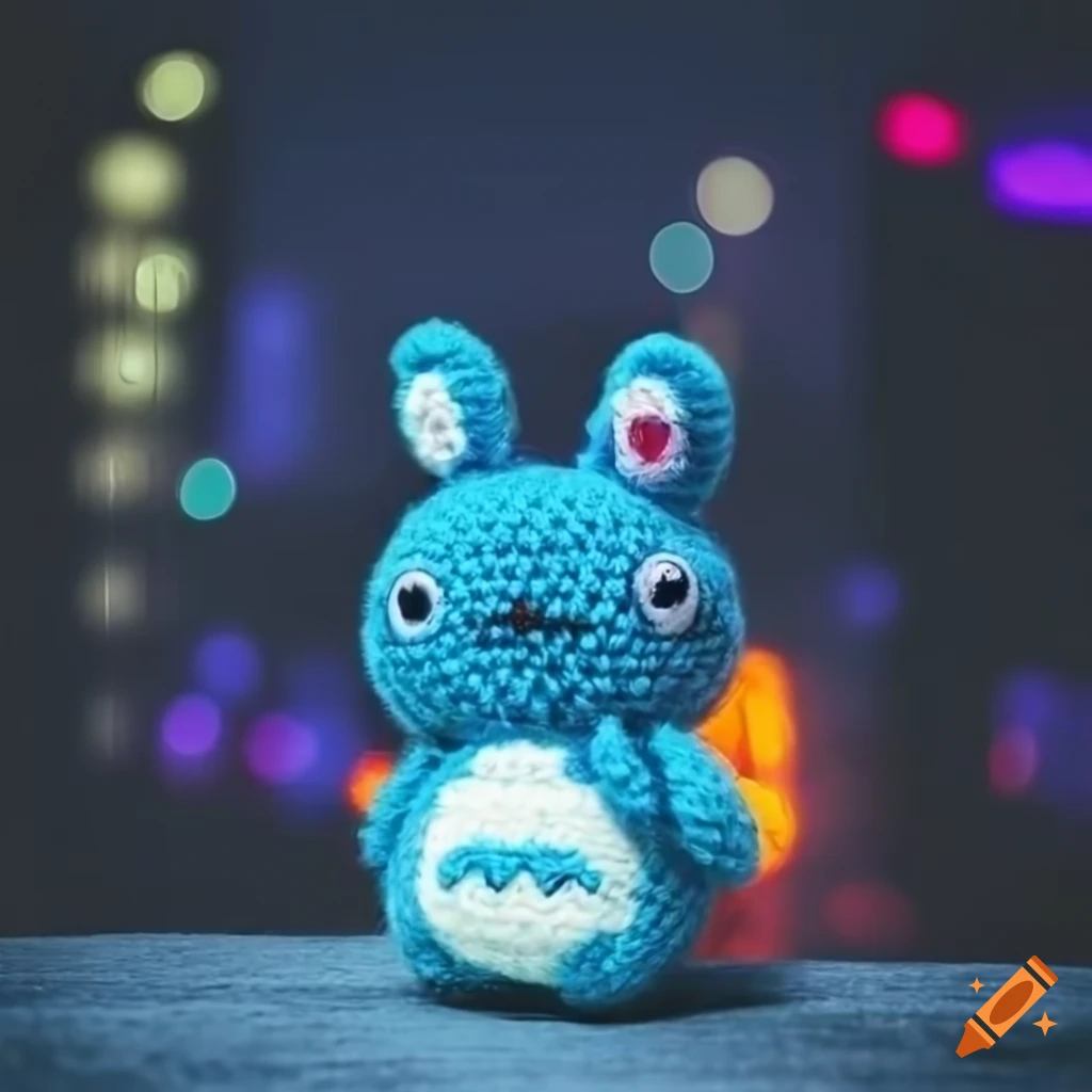 Cute Totoro toy lost in city streets under cyberpunk neon lights