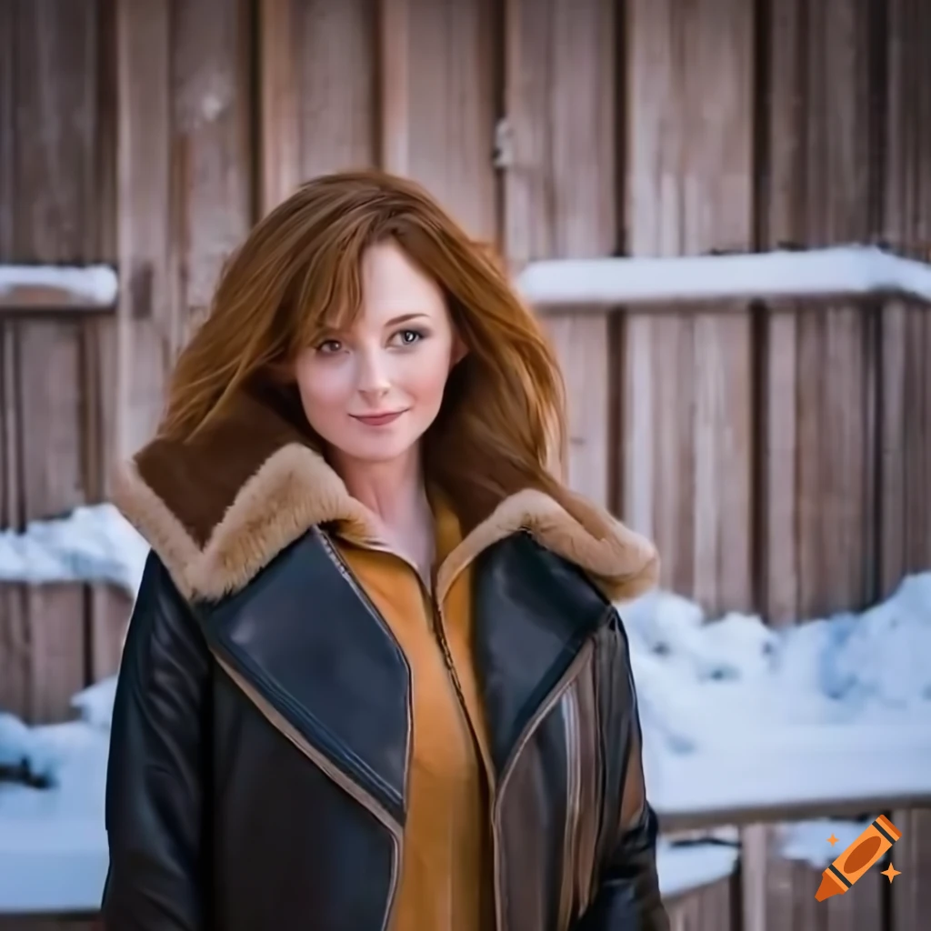 Young woman in sheepskin jacket and leather trousers standing in barn doorway