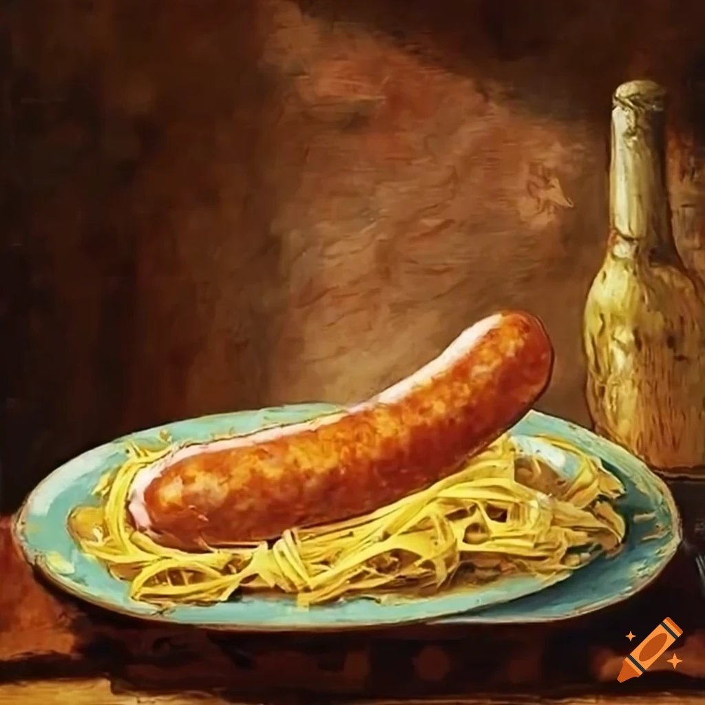 Cooked sausage on a bed of Tagliatelle inspired by Van Gogh