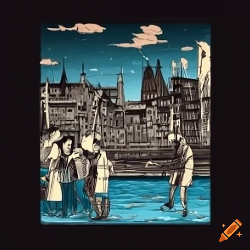 Bustling European port scene during the late 19th century immigration waves