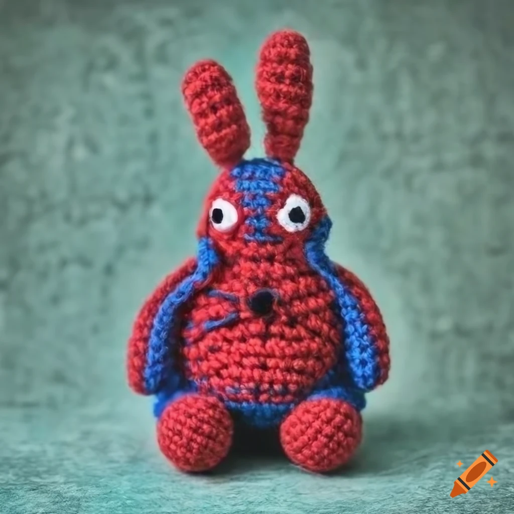 Spiderman Totoro vintage style amigurumi crochet plush toy on colorful concrete background