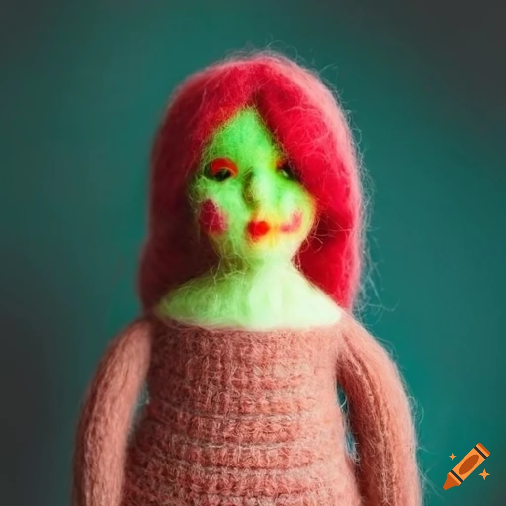 Felted wool curvy woman doll with fluorescent red eyes