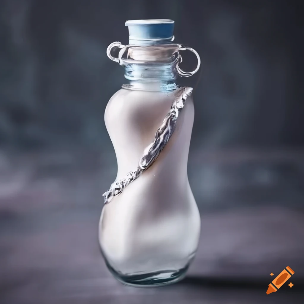 White and silver powdered unicorn horn in glass potion bottle on Craiyon