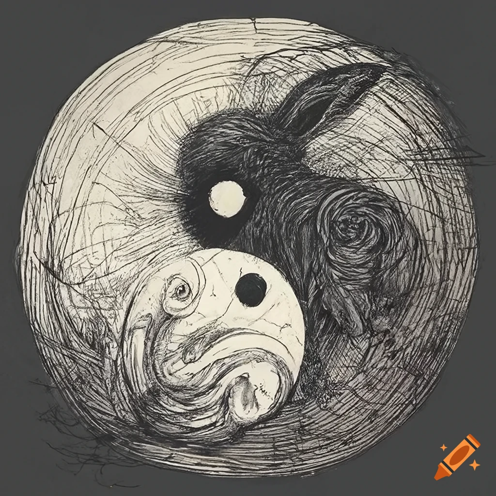 Davinci Rabbit Leonardo da vinci-style sketch of white and black rabbits in yin-yang ...