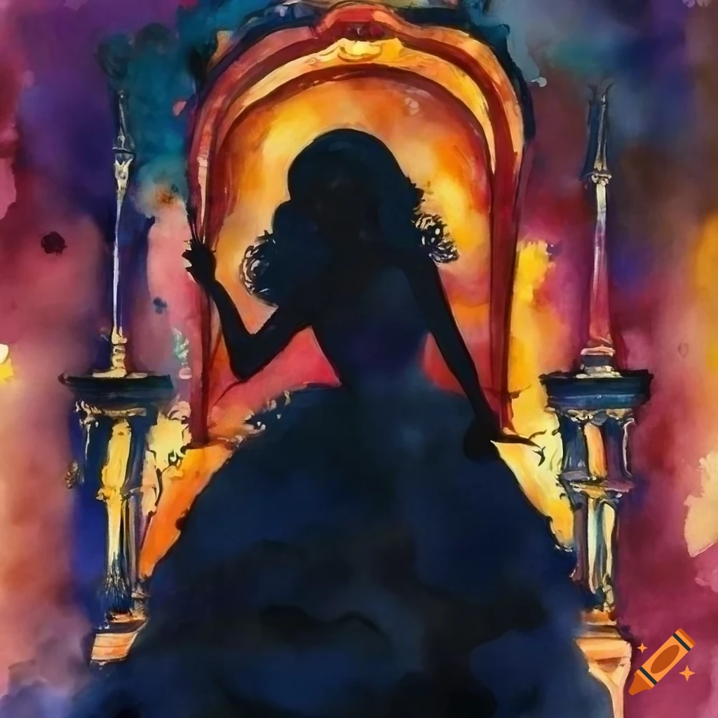 Silhouette of a regal princess in her throne room in a sad watercolor painting