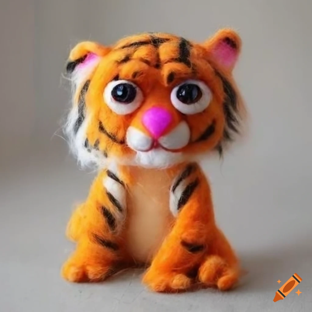 Felted orange Wool cute fluffy Tiger muppet with red eyes