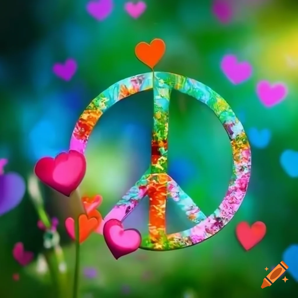 Peace sign surrounded by blooming flowers and colorful hearts