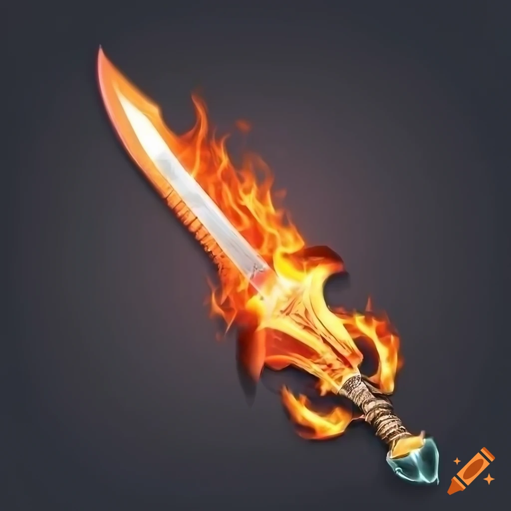 Realistic icon style fantasy sword engulfed in flames