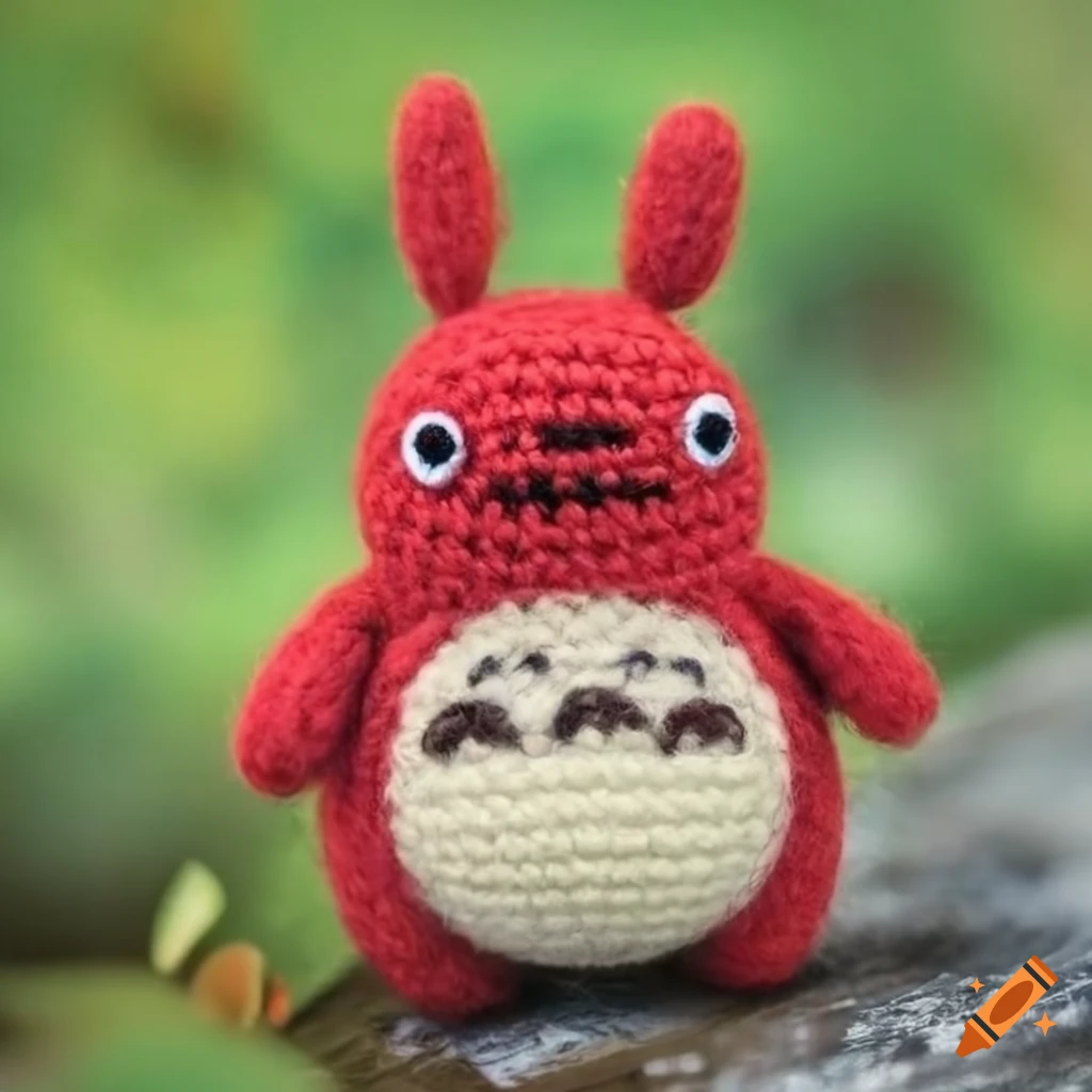 Cute red Totoro amigurumi toy in a garden landscape