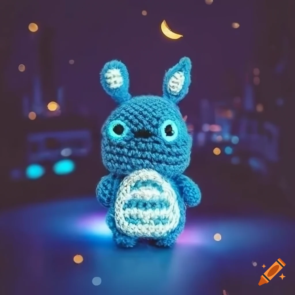 Amigurumi Totoro lost in a cyberpunk city with neon lights, moon, and Milky Way backdrop
