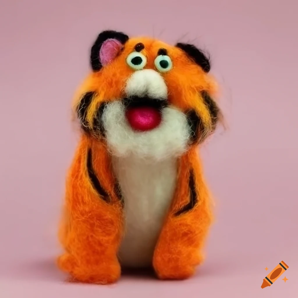 Felted orange wool tiger muppet with fluorescent red eyes