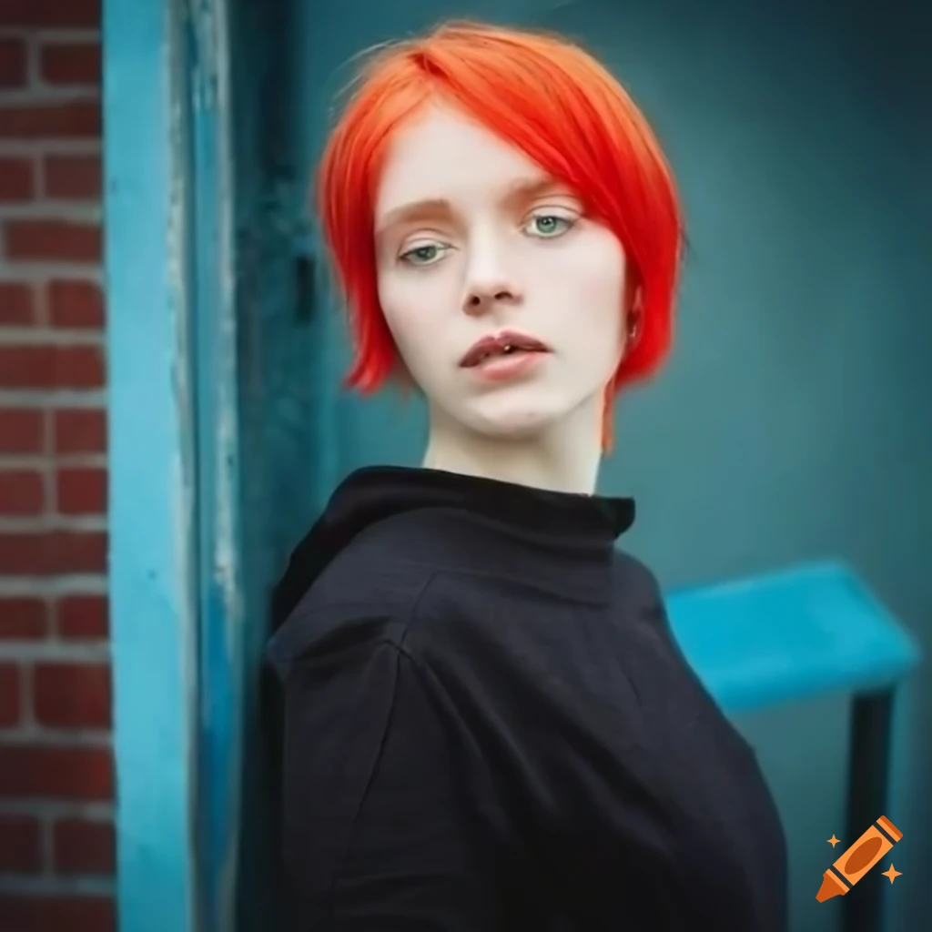 Girl with red short hair in black skirt and blue t-shirt