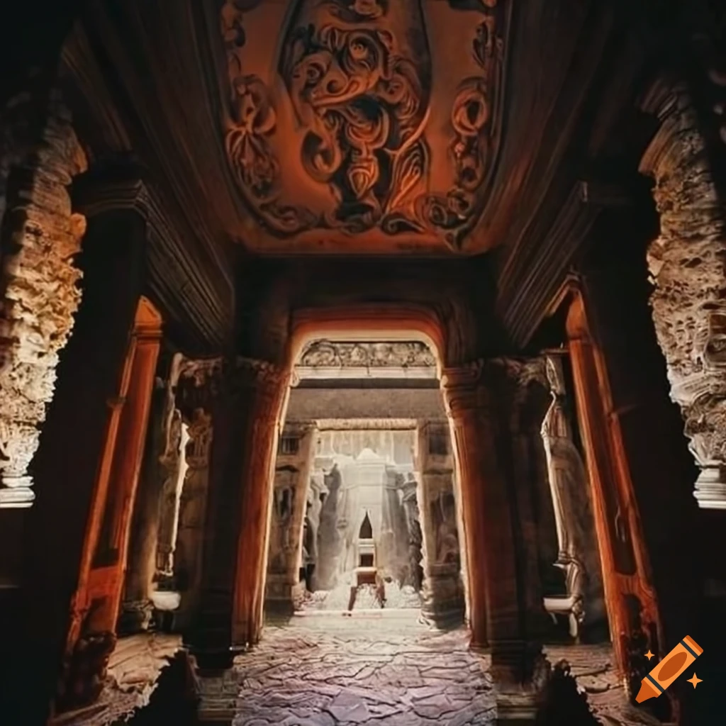 Tall dark temple with clam and lobster sculptures on coral doors in a brightly lit clearing