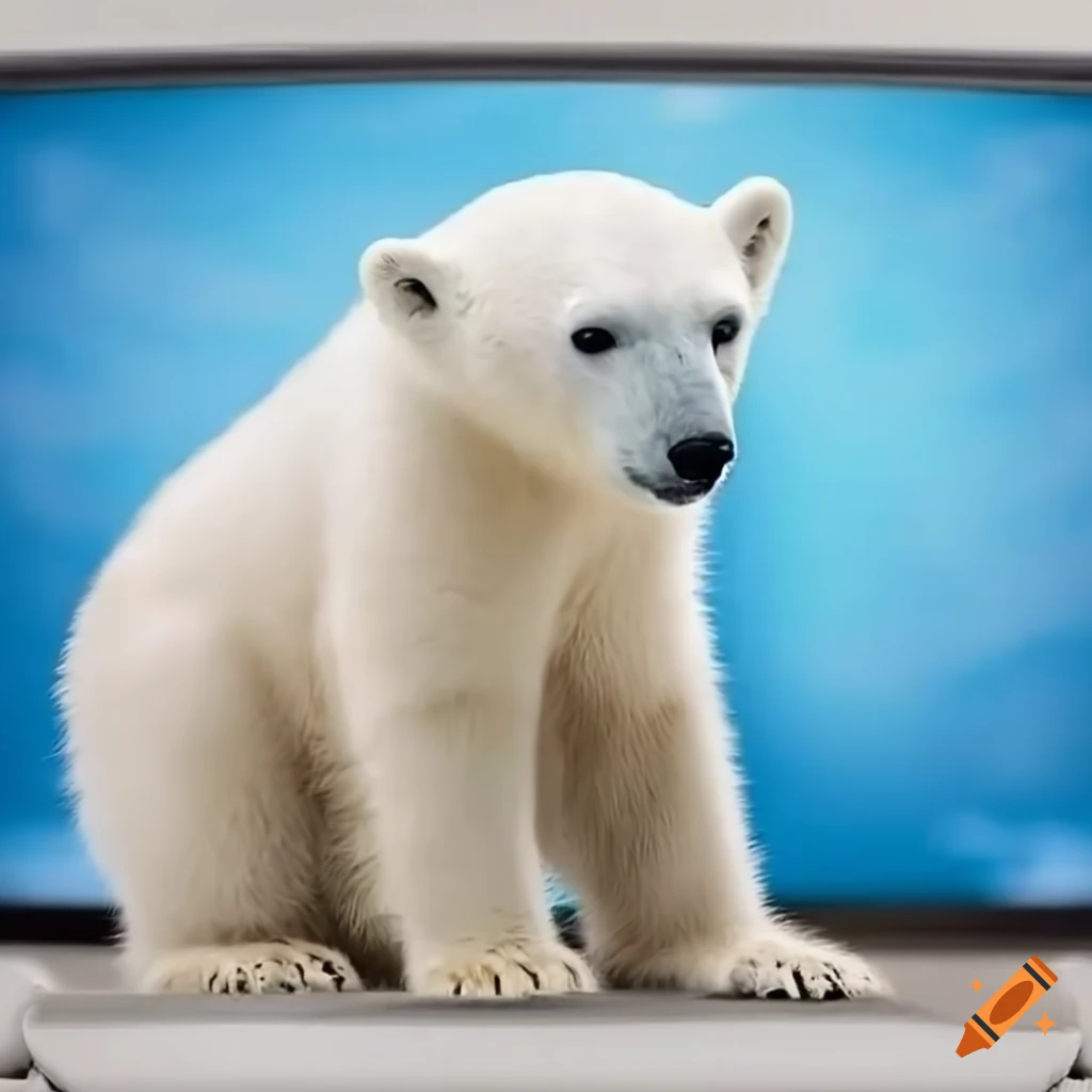 Small polar bear sitting in front of TV