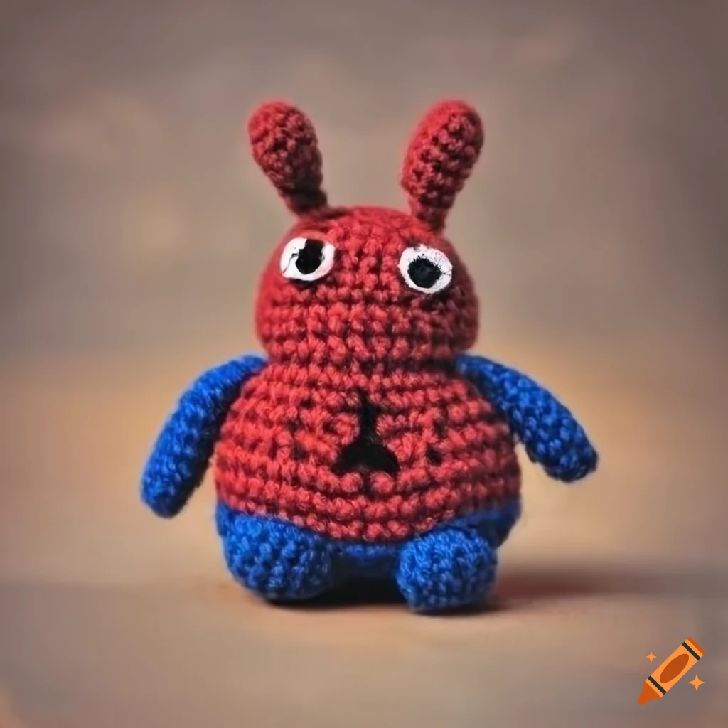 Spiderman Totoro vintage amigurumi crochet plush on colorful concrete background