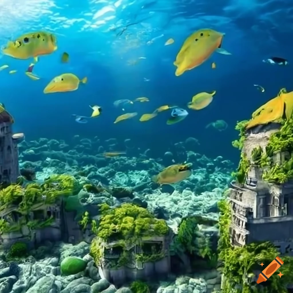 Underwater town with buildings covered in ocean plants