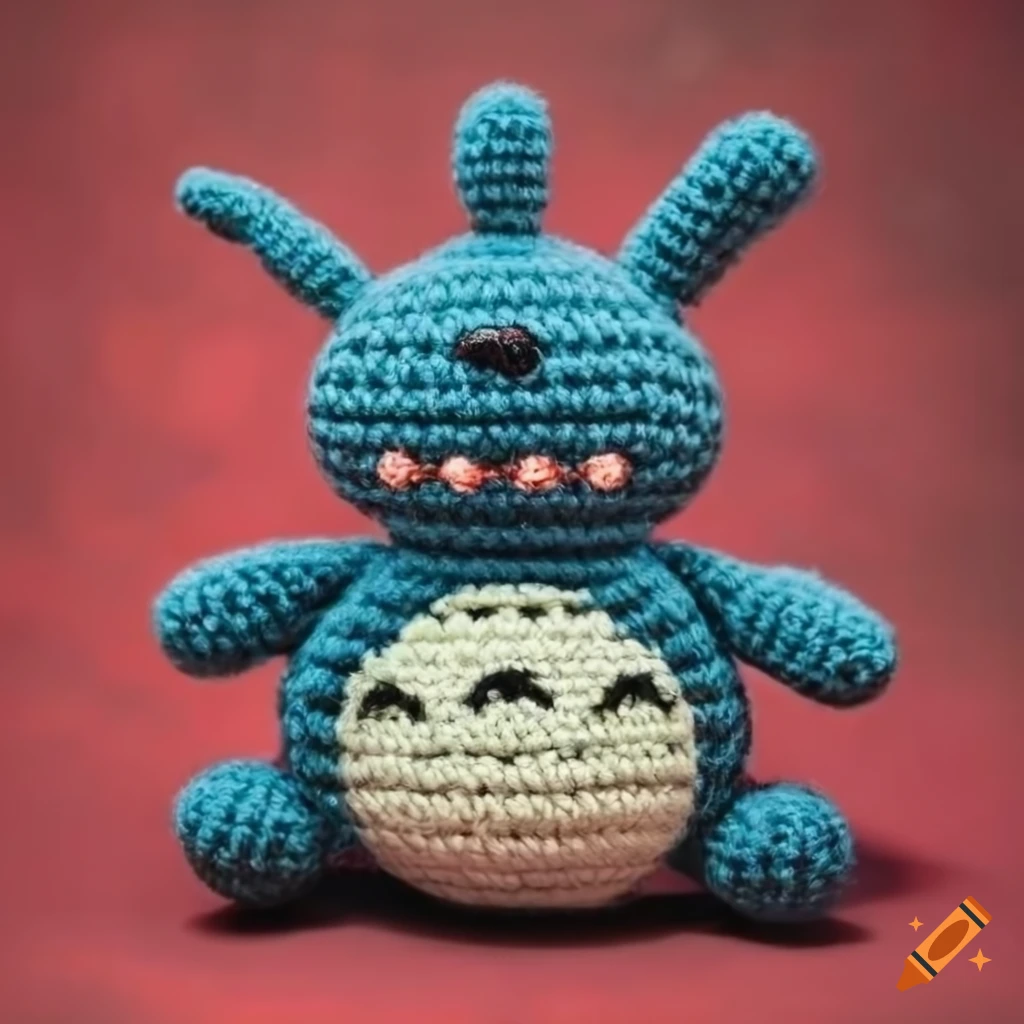 Godzilla Totoro vintage style crochet plush toy on a concrete background