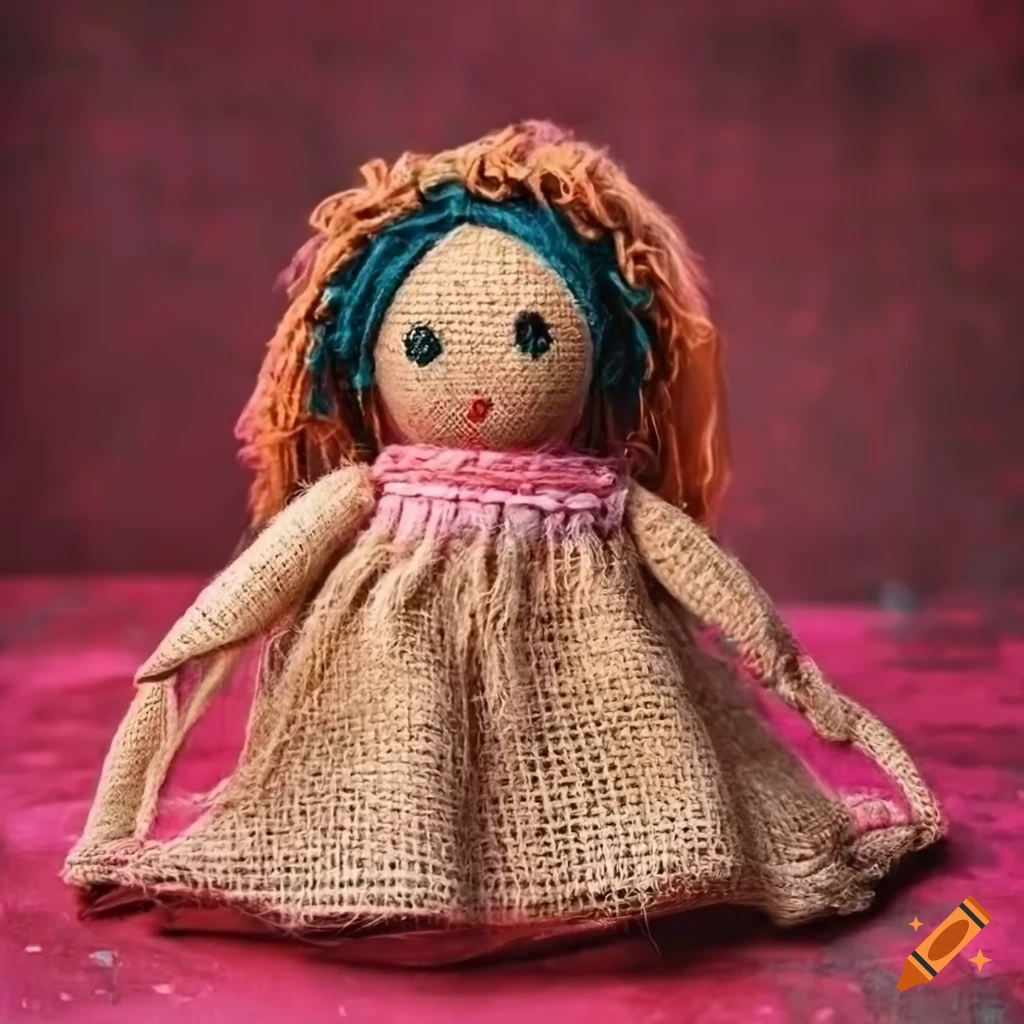 Colorful cute rag dolls on red pink concrete background