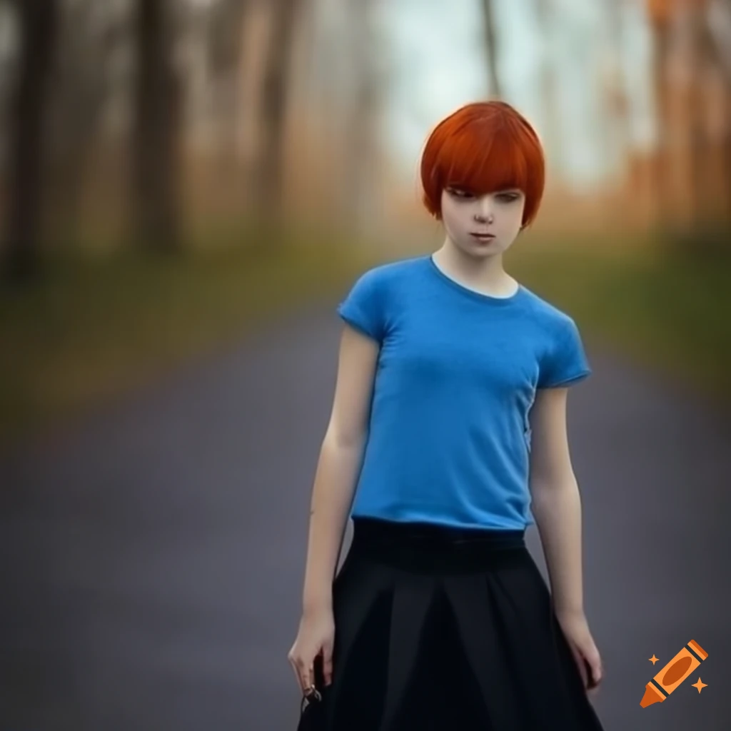 Girl with red short hair in black skirt and blue t-shirt