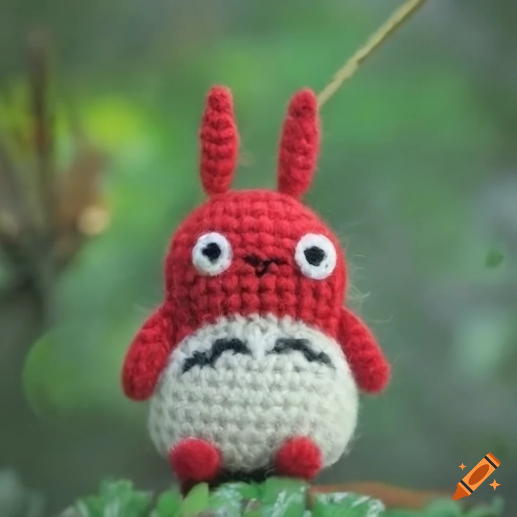 Red Totoro amigurumi on garden landscape