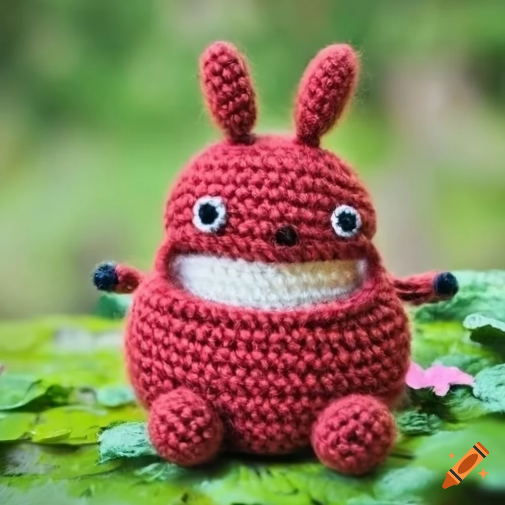 Cute red Totoro amigurumi toy in a garden landscape