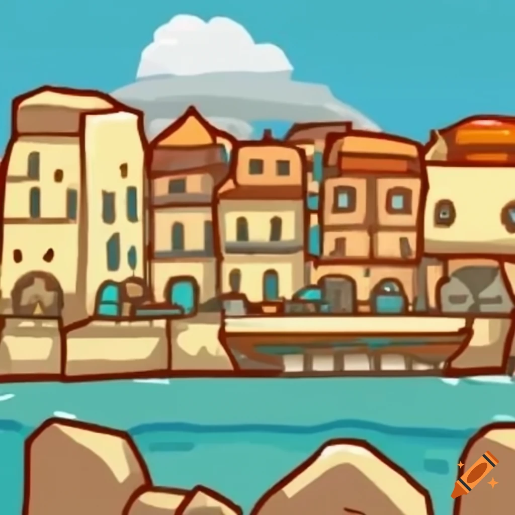 Mediterranean harbor town in Scribblenauts style