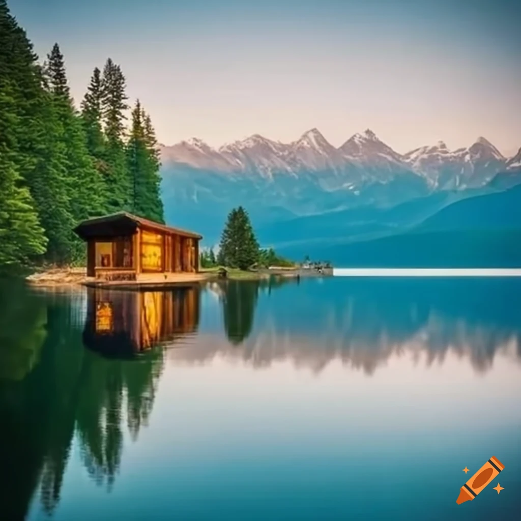 Serene lake surrounded by mountains with a modern cabin on an island on ...