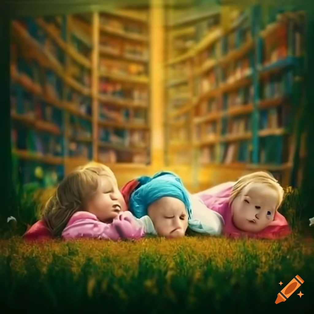 Children sleeping in a library with a window view of a meadow