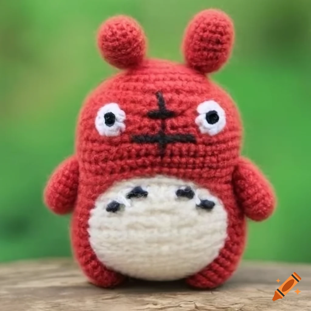 Cute red Totoro amigurumi on garden landscape
