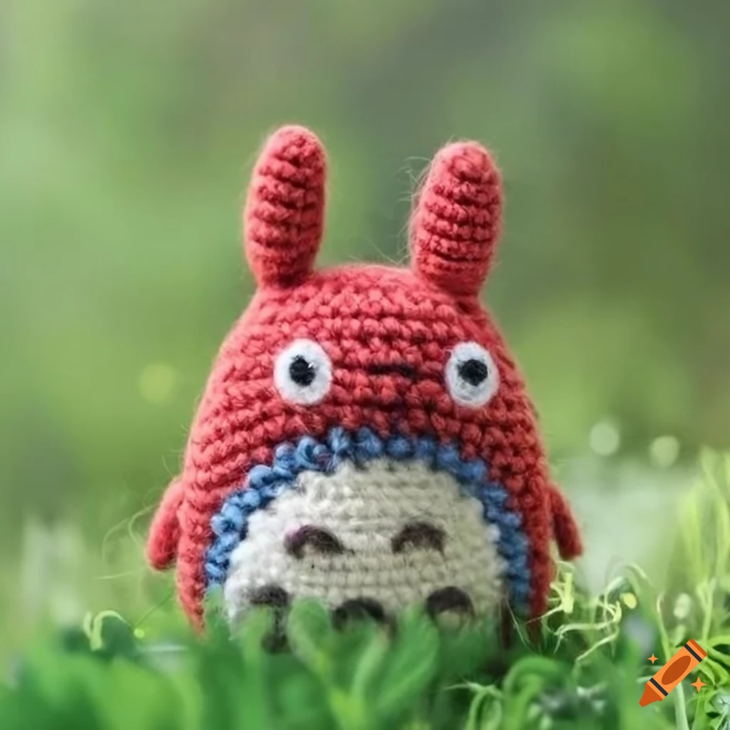 Felted Wool cute red Totoro soft toy in garden setting