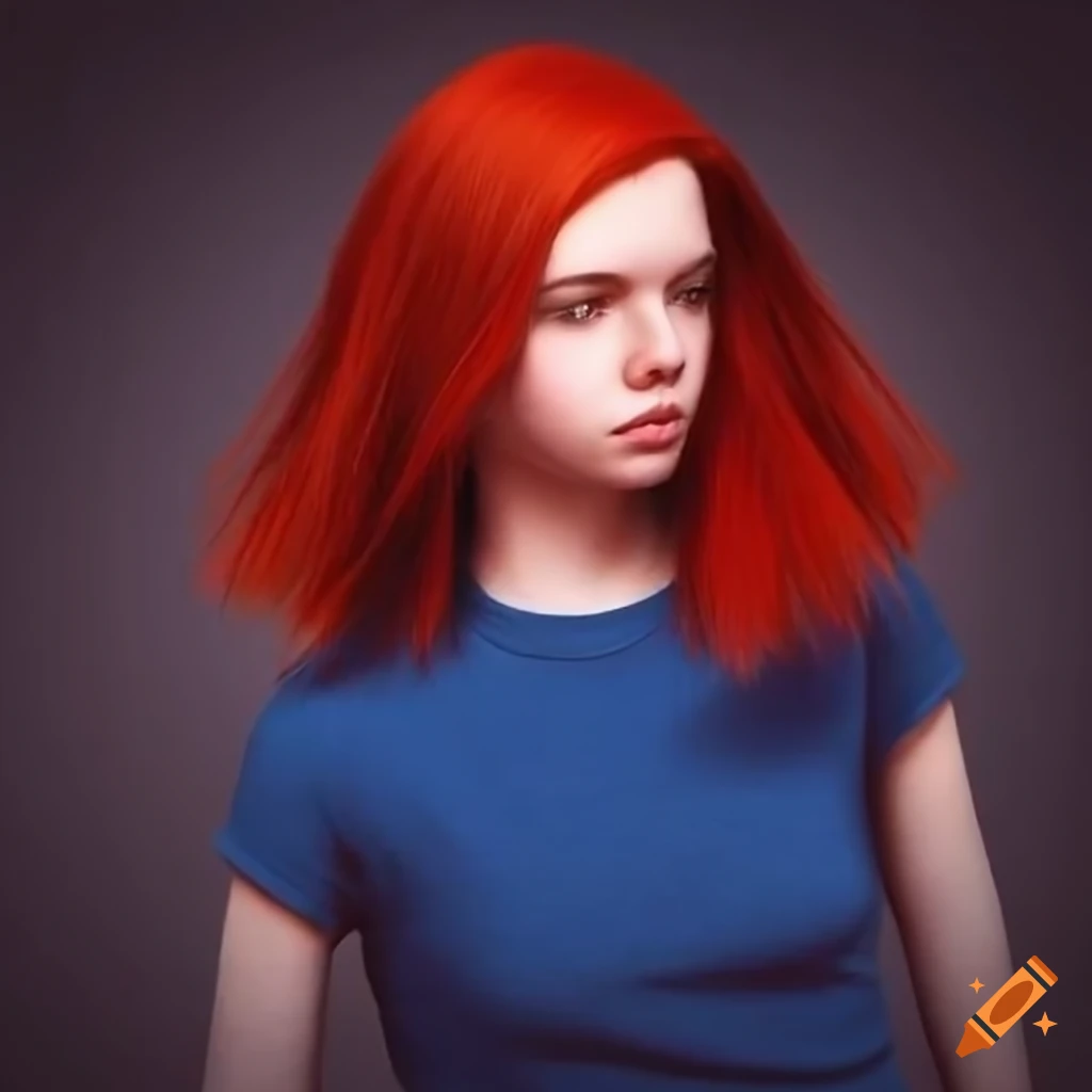 Girl with red short hair in black skirt and blue t-shirt