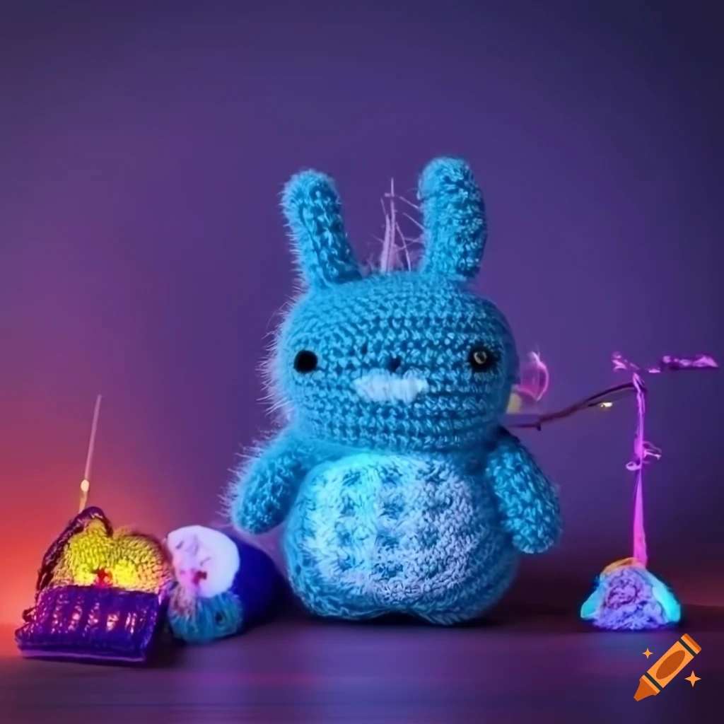 Amigurumi fluffy Totoro lost in a cyberpunk city at night