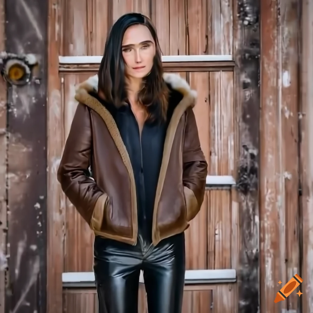 Young woman in sheepskin bomber jacket and black leather trousers standing in barn doorway