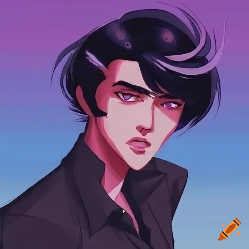 Anime character with brown Elvis-style hair in a 90s theme
