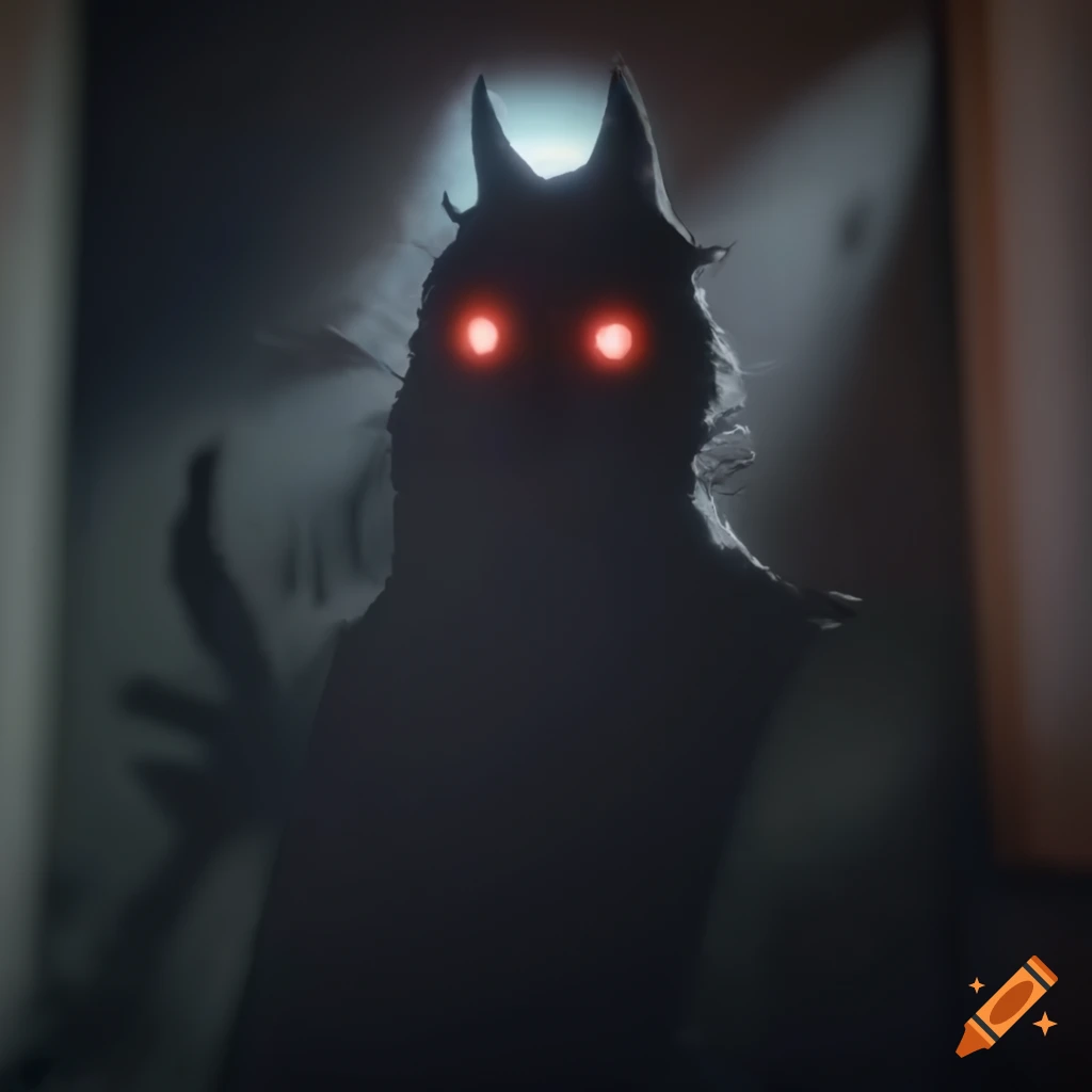 Mothman creature in dark living room with storm outside, horror film scene
