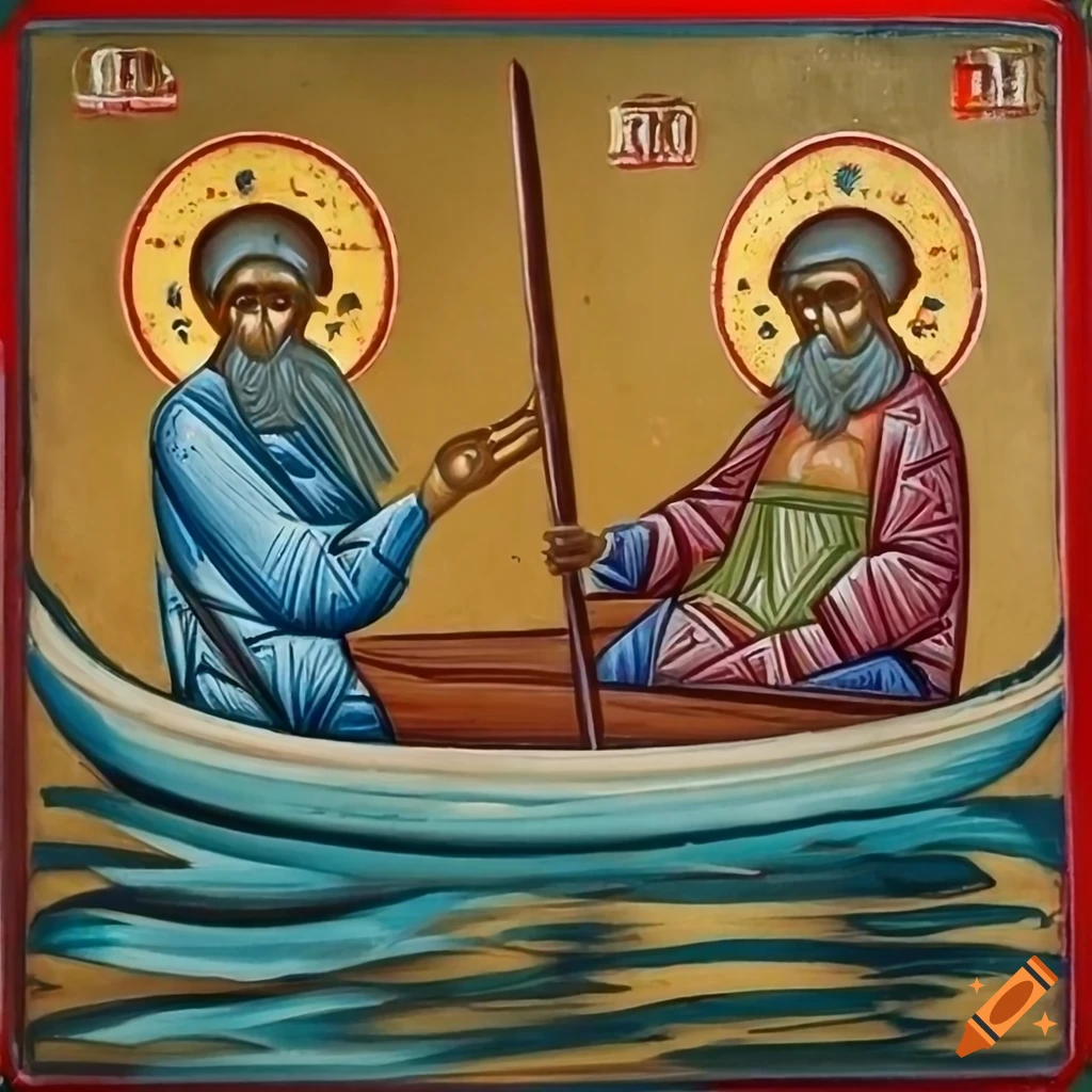 Byzantine orthodox Icon painting of saintly fishermen and a frog with halos in a boat