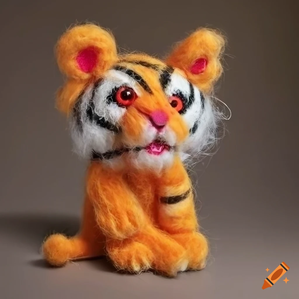 Felted orange wool tiger muppet with fluorescent red eyes