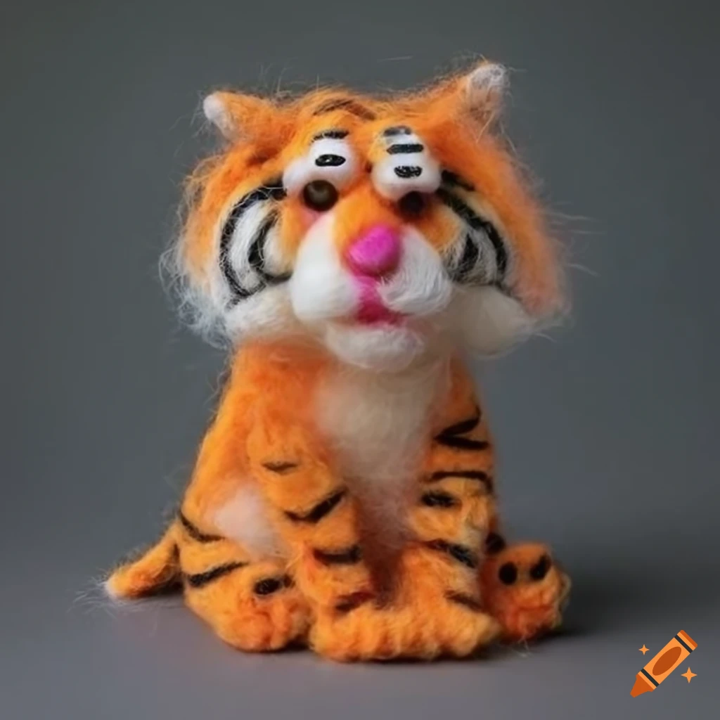 Adorable fluffy tiger muppet with fluorescent red eyes