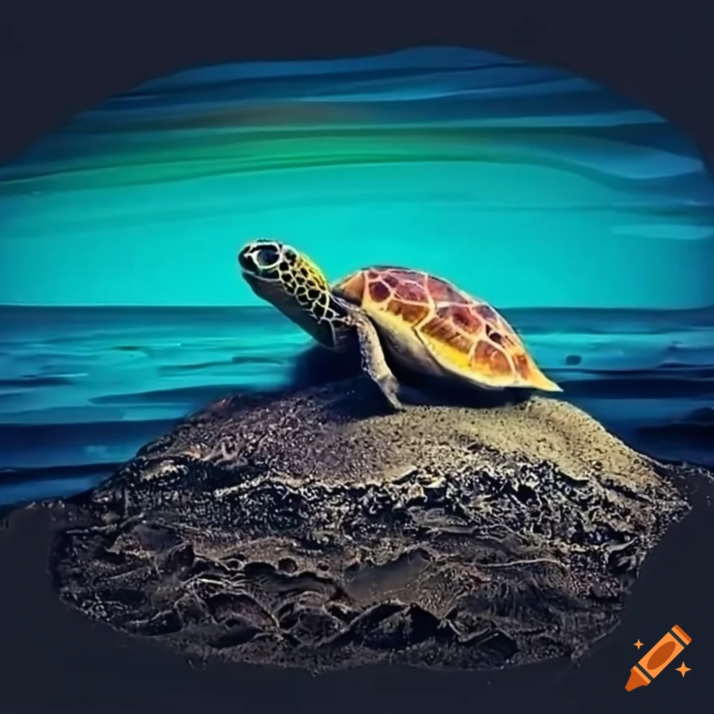 Loggerhead turtle nesting on a black sand beach by blue water