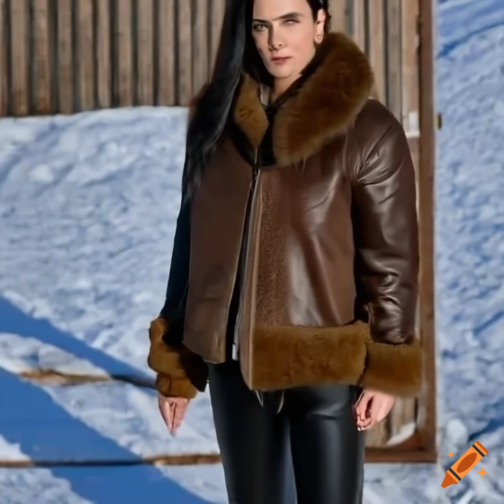 Young woman in sheepskin bomber jacket and black leather trousers standing in barn doorway