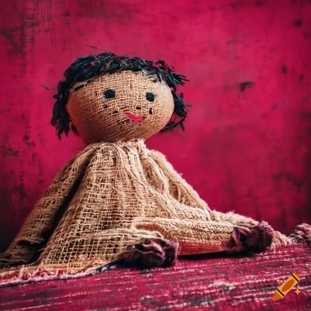 Colorful rag dolls on red pink concrete background