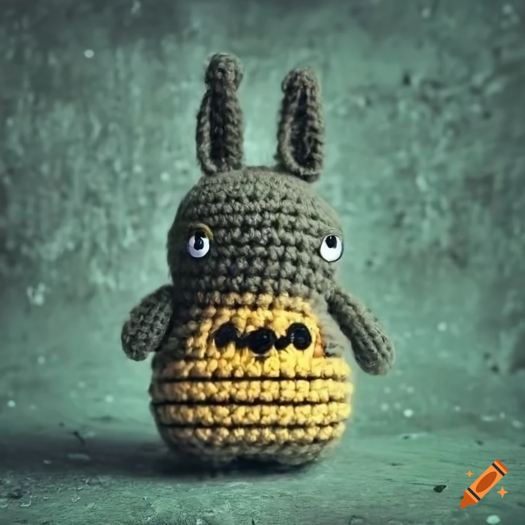 Batman-woman Totoro amigurumi crochet plush toy on green concrete background