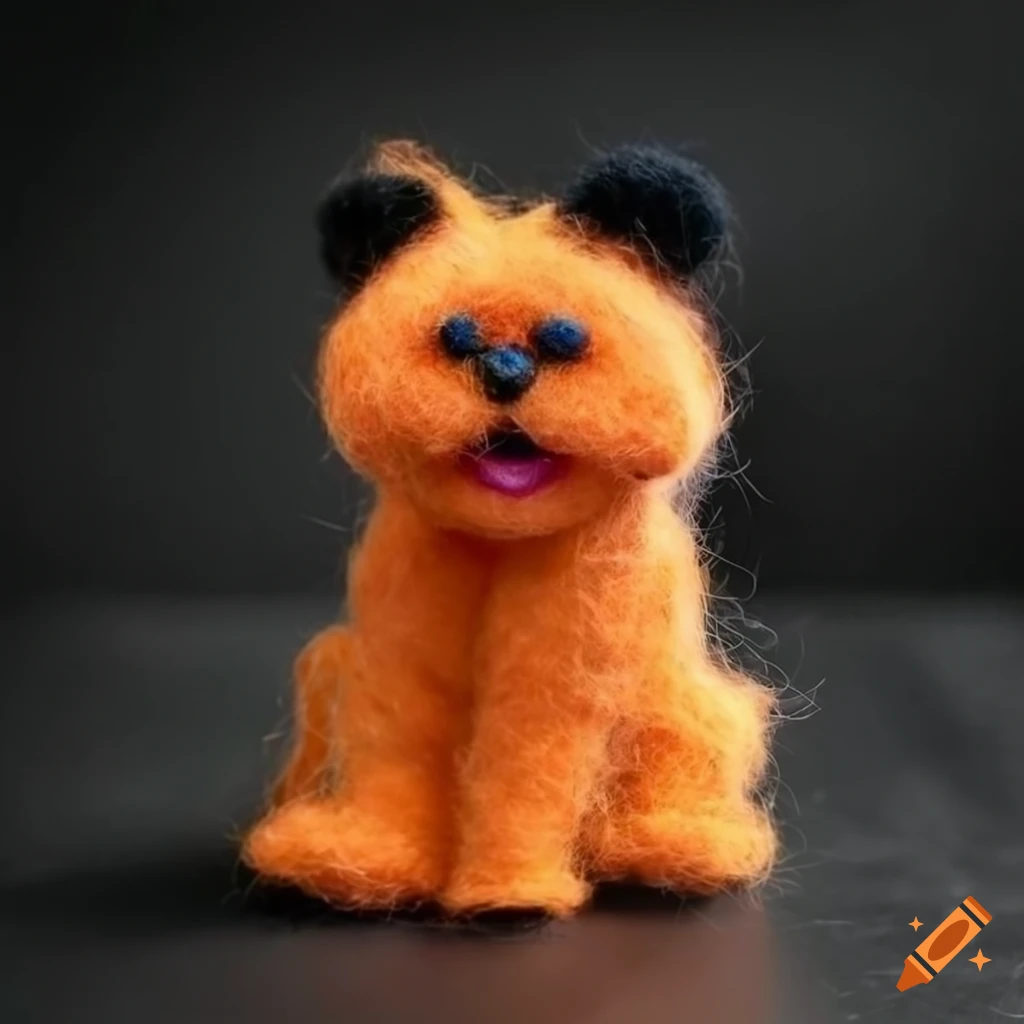 Adorable fluffy tiger muppet with fluorescent red eyes